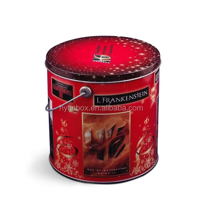 Cylindrical Metal Tin Popcorn Bucket with Lid and Handle for Party & Home Use