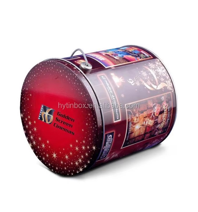 Cylindrical Metal Tin Popcorn Bucket with Lid and Handle for Party & Home Use